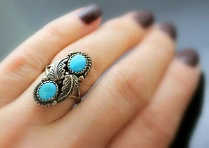 ANILLO HECHO A MANO VINTAGE DISEÑO HOJAS TURQUESA PLATA ESTERLINA TALLA 6,75 - Imagen 1 de 3