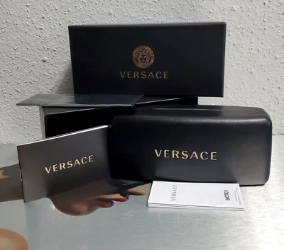 VERSACE BLACK LEATHER CLAMSHELL LARGE SUNGLASSES CASE+CLOTH+BOOKLET+BOX