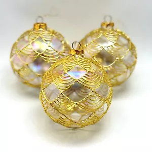 Juego de 3 piezas de adornos de vidrio transparente soplado a mano apliques dorados con forma de bola - Imagen 1 de 7