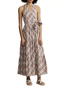 Polo Ralph Lauren Women's Multicolor Halter Madras Tiered Wrap Maxi Dress Sz 6 - Picture 1 of 4