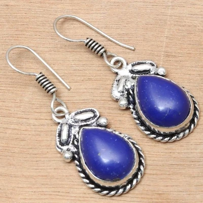 Blue Chalcedony Gemstone Handmade Gift For Her Silver Jewelry Earrings 1.5'' - Image 1 of 4