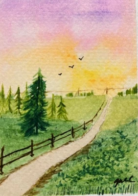 ACEO country Field Landscape Watercolor Painting Sunset Sky ATC Hand Painted  - Image 1 of 2