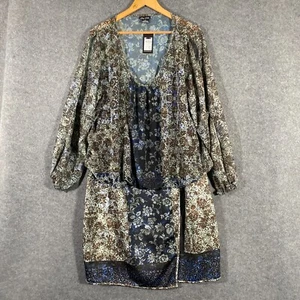 City Chic Dress Womens XL Plus Blue Brown A Line Drop Waist Victorian Moss NEW - Picture 1 of 14