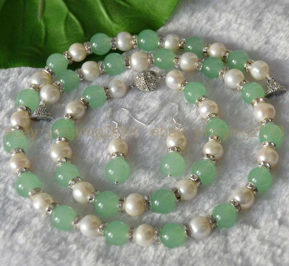 9-10mm Genuine White Cultured Pearl Natural Green Jade Necklace Bracelet Earring - Image 1 of 4