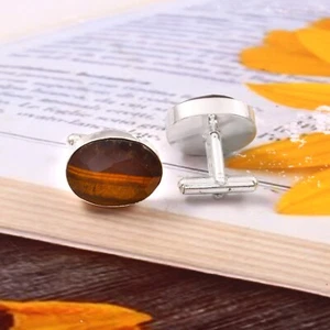 925 Sterling Silver Natural Tiger's Eye Gemstone Jewelry Handmade Cuff Links - Picture 1 of 3