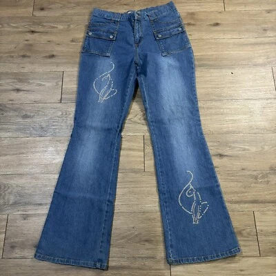 Jeans feminino vintage anos 90 Baby Phat X Angfu 13 boot cut strass bolsos de pressão - Imagem 1 de 4