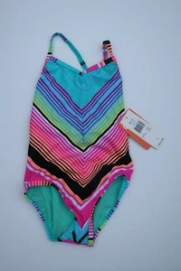 Roxy Little Girls 4 1 Pc Cross Over Pink Blue White Stripe Swimsuit NWT - Picture 1 of 2