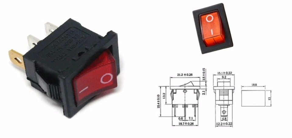 KIT 5PZ INTERRUTTORE CON LED ROSSO UNIPOLARE A BILANCIERE  ON/OFF 6A 250V 3 PIN - Immagine 1 di 1