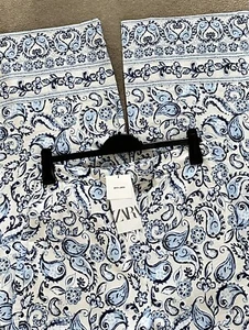 ZARA Printed Blue & Ecru Linen Blend Trousers Size L Bloggers Festival Hols Boho - Picture 1 of 8