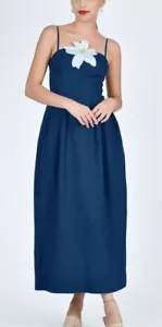 Fanm Mon Embroidered Lily Linen Midi Dress Navy Blue Adjustable Straps L NWT - Picture 1 of 10