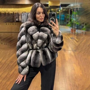 Luxury Chinchilla Fur Coat Women's Real Rex Rabbit Fur Outwear Winter Jacket New - Picture 1 of 5