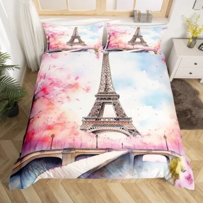Romantic Pink Dream Paris Duvet Quilt Cover Love Bedding Set Queen Pillowcase - Photo 1/4