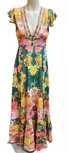 Dalia MacPhee Floral Empire Waist Plunging Neckline Cap Sleeve Long Maxi Dress M - Picture 1 of 12