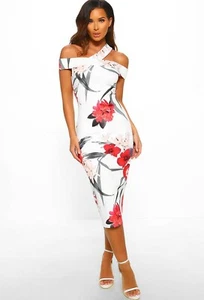 White Floral Cut Out Bardot Bodycon Midi Dress | Pink Boutique | Size 12 | BNWT - Picture 1 of 10