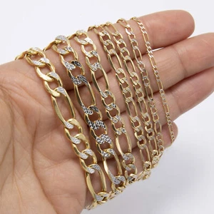 10K Yellow White Gold Diamond-Cut Figaro Link Chain Bracelet All Sizes - Picture 1 of 7