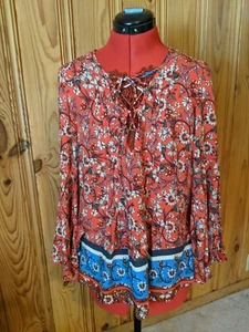 Women’s Vintage America Blues Red Salmon Floral Boho Blouse Large L Bell Hippie - Picture 1 of 11