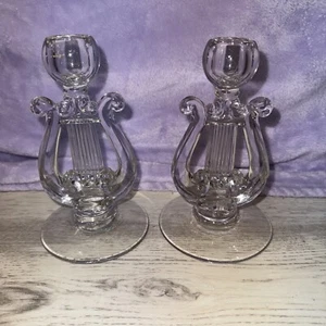2 Vintage Harp Lyre Candlestick Holders - Clear Glass - Art Deco Style - Picture 1 of 10