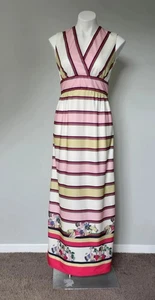 Rare Vintage 70s Leslie Fay Striped Art Deco 1920s Flapper Print Maxi Dress - Picture 1 of 24