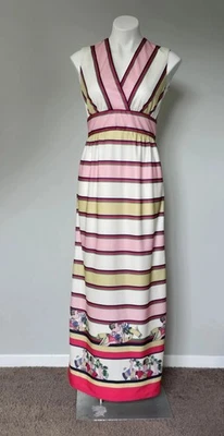 Rare 1970s Leslie Fay Striped Art Deco 1920s Flapper Print Maxi Dress Tag Sz 10 - Image 1 of 4