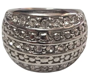 Silvertone Dome Ring with Clear Crystals - Picture 1 of 4