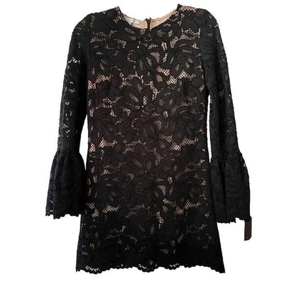 Mini Vestido Alexis Talla XS Negro Desnudo Encaje Manga Campana Floral Transparente Superposición Fiesta Foto 1 de 4
