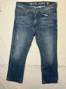Guess Cliff Jeans Mens 34x32 Blue Boot Cut Washed Distressed Denim Faded - Picture 1 of 16
