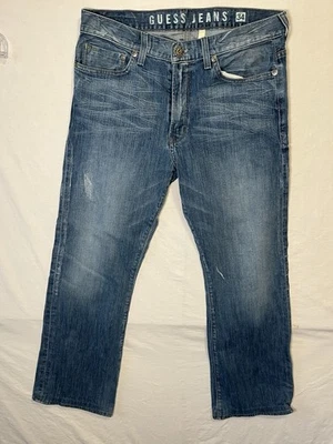 Guess Cliff Jeans Mens 34x32 Blue Boot Cut Washed Distressed Denim Faded - Image 1 of 4