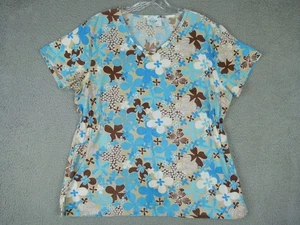 GEM Scrubs Large Blue Floral V-Neck Medical Scrub Top - Picture 1 of 5