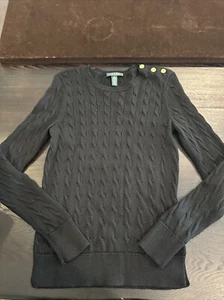 Lauren Ralph Lauren Cable Knit Sweater Pullover Black Gold Button Crew Neck S - Picture 1 of 10