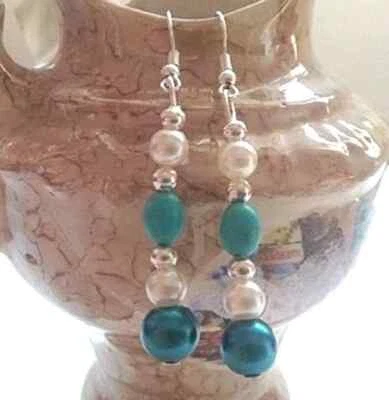 ORECCHINI PERLE D'ACQUA DOLCE E PERLA SWAROVSKI CON TURCHESE NATURALE E ARGENTO - Immagine 1 di 4