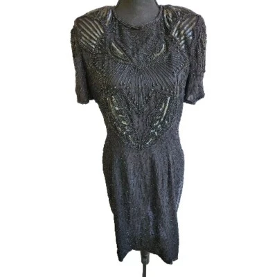 Vestido De Colección Años 80 Negro Con Cuentas AP Ltd 100% Seda Fiesta Vacaciones Fecha Noche Retro talla 12 Foto 1 de 4