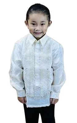 Tagalo Barong Filipino Feito à Mão para Meninos - Manga Longa Organza Branca Marfim, Criança - Imagem 1 de 4