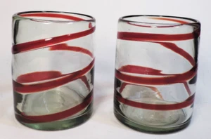 2 PIER 1 red SWIRLINE DOUBLE OLD FASHIONED / WHISKEY GLASSES (MINT) - Picture 1 of 3
