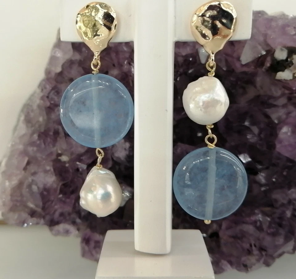Orecchini Pendenti Donna Argento 925/bron pietre naturali, Perla agata celest  - Immagine 1 di 4