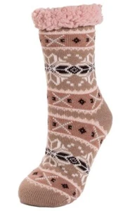 Muk Luks Rose and Brown Snowflake Cabin Socks Women L/XL Winter Slipper Knit Fur - Picture 1 of 2