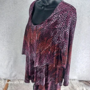 Susan Graver Liquid Strick Tunika Top Gr. L rot braun tropisch V-Ausschnitt bunt - Bild 1 von 16