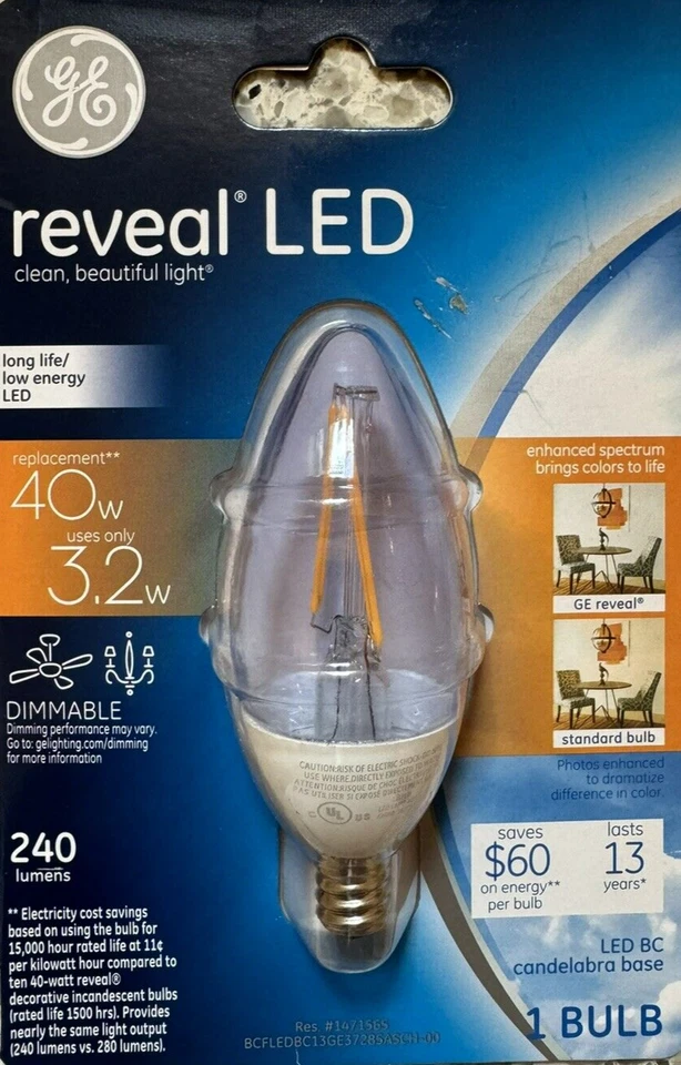 GE Reveal 40-Watt Blunt Tip LED BC Light Bulb w/Candelabra Base - Image 1 of 1