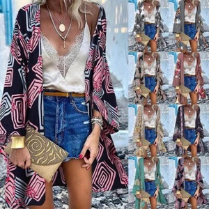 Plus Womens Boho Floral Long Sleeve Cardigan Ladies Beach Kimono Cover Up Tops - Picture 1 of 19