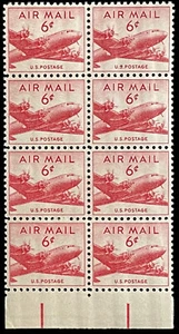 AIR MAIL 6c US POSTAGE STAMPS, 1949 RED DC-4 SKYMASTER AIRPLANE AIRMAIL - Picture 1 of 2