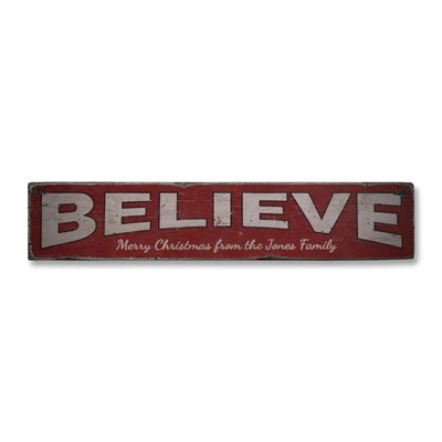Believe, Custom Merry Christmas From - Rustic Distressed Wood Sign - Image 1 of 2