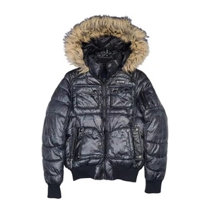Vtg ROCAWEAR Puffer Bomber Faux Fur Hood Camo Jacket Size Medium Womens Y2K - Picture 1 of 15