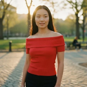 Top Madewell acanalado fuera del hombro en rojo fiesta moderno contemporáneo talla pequeña - Imagen 1 de 6