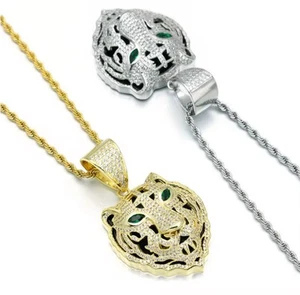 HGS-Ltd Tiger Head Pendant Necklace – Gold or Silver Iced Chain with Green Eyes - Bild 1 von 6