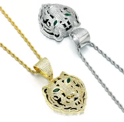 HGS-Ltd Tiger Head Pendant Necklace – Gold or Silver Iced Chain with Green Eyes - Bild 1 von 4