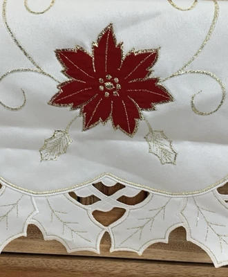 Christmas Table Runner 14 x 36 inches Cream Red Gold Embroidery  - Image 1 of 4