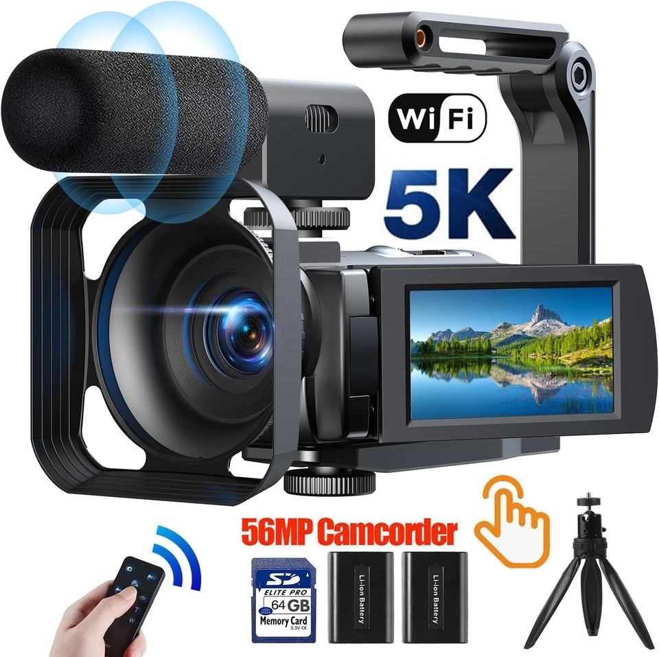 Video Camera 5K Camcorder 56MP WiFi IR Night Vision 16x Zoom 3” Touchscreen+64GB - Image 1 of 4