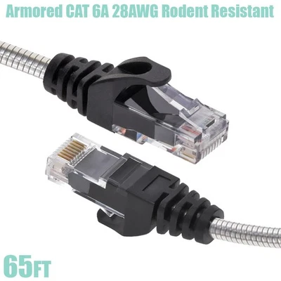 65FT Cat6A RJ45 Network LAN Armored Slim Patch Cable Rodent Resistant 28AWG Gold - Image 1 of 4