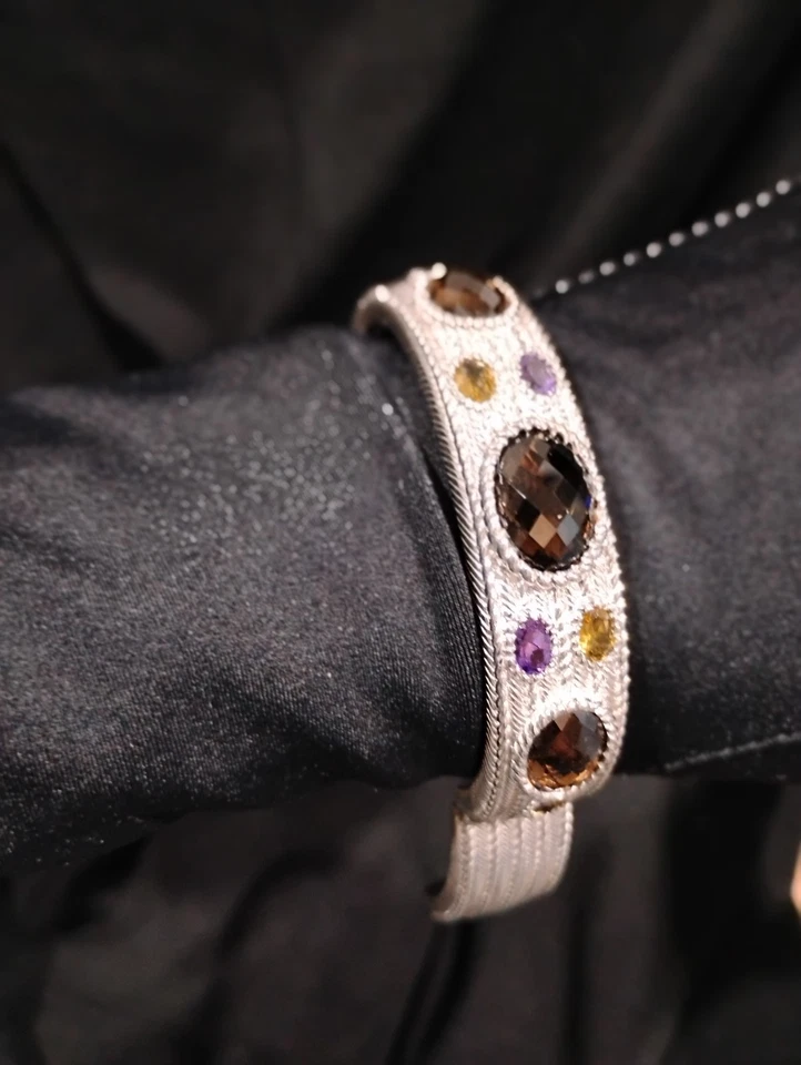 Judith Ripka Bracelet Hinged Cuff 7.5 Smoky Quartz Amethyst Sterling Silver 80g - Image 1 of 4