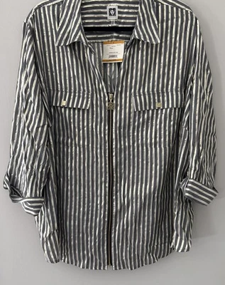 全新带标签 Anne Klein Plus 尺寸 3X 黑色金属金色条纹拉链衬衫办公室时尚 — 第 1/4 张图片