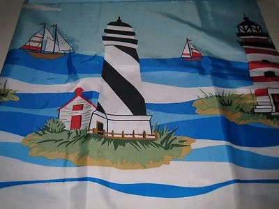 Lighthouses Beach Scene Sailboats Nautical Rope Beachy Fabric Shower Curtain NEW - Image 1 of 4